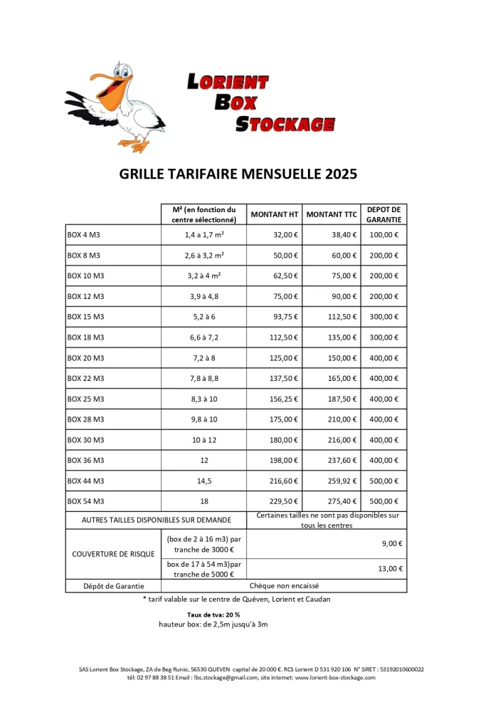 Grille tarifaire mensuelle 2025